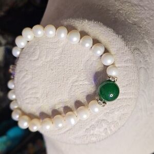 Faux Pearl With Tourmaline Stone. Size 6.75. Magnetic Closure.